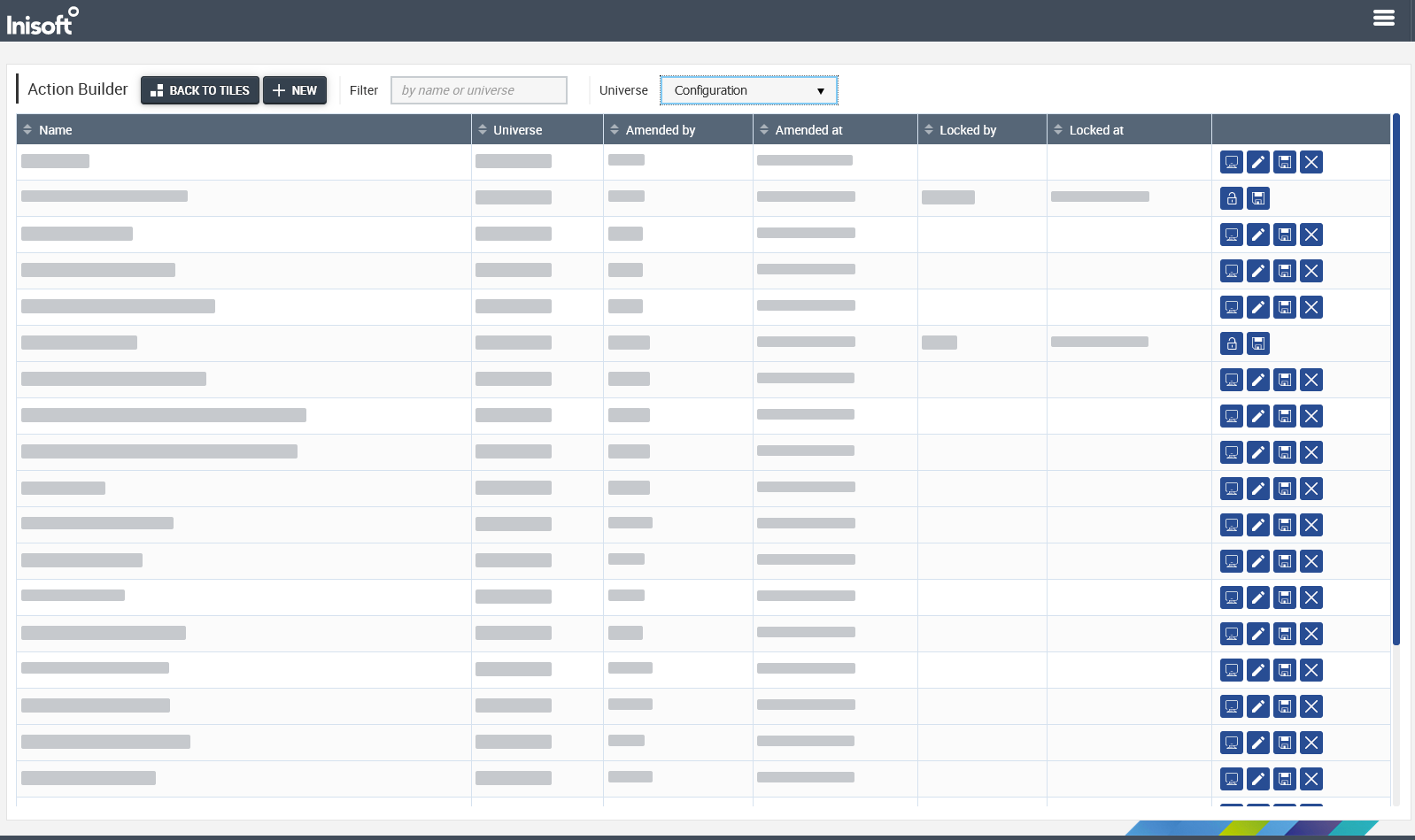 This is a screenshot of the Action Builder index, which consists of a toolbar containing navigation and create buttons, a filter, and a data source dropdown list, and underneath the toolbar is a grid listing a large number of actions, against which are buttons for viewing, copying editing and deleting each action.